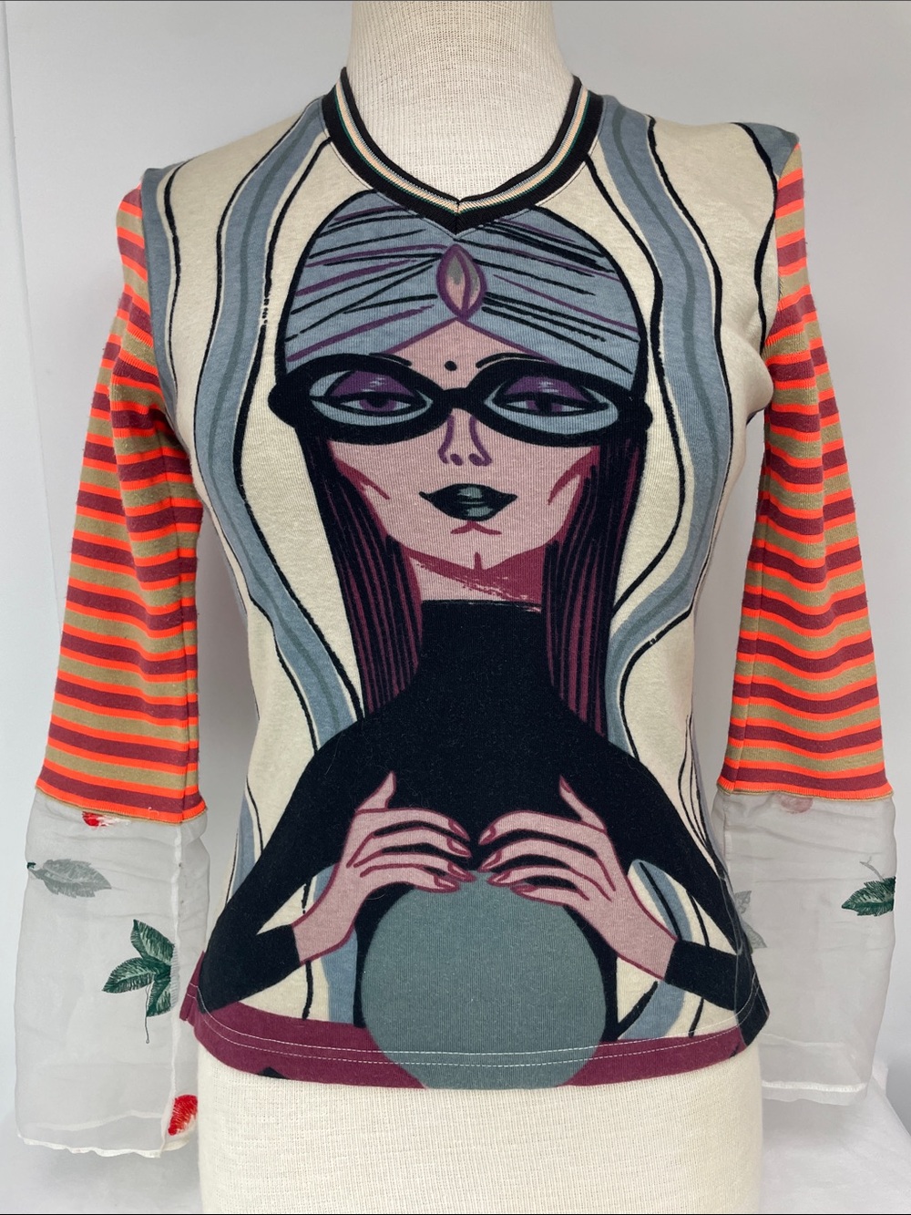 Custo Barcelona Graphic Fortune Teller Mixed-Print Long Sleeve Top, Size S